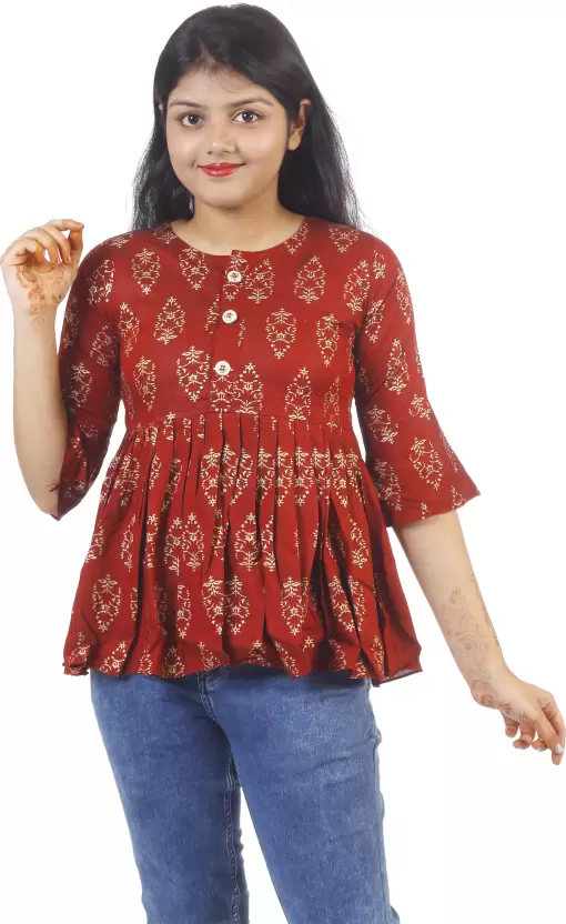 FuzzyBid Girls Casual Cotton Rayon Blend Peplum Top(Maroon, Pack of 1)
