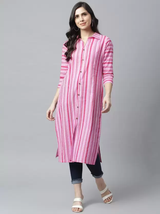 METRO-FASHION Women Striped Straight Kurta(Pink)